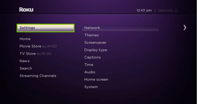 open settings on roku device