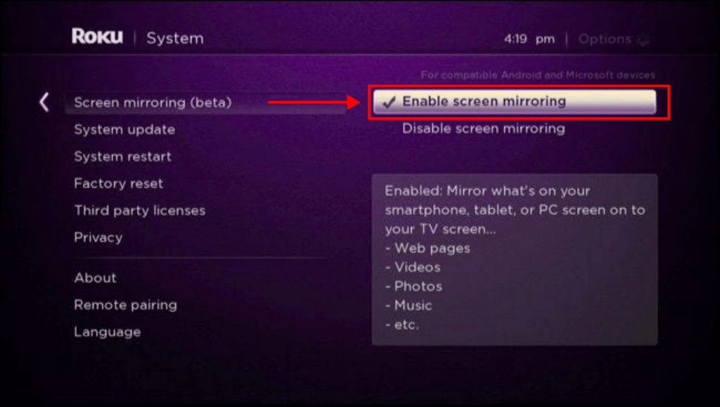 how to enable screen mirroring on roku